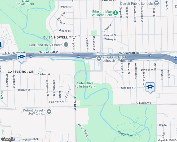 map of restaurants, bars, coffee shops, grocery stores, and more near 12780 W Outer Dr in Detroit