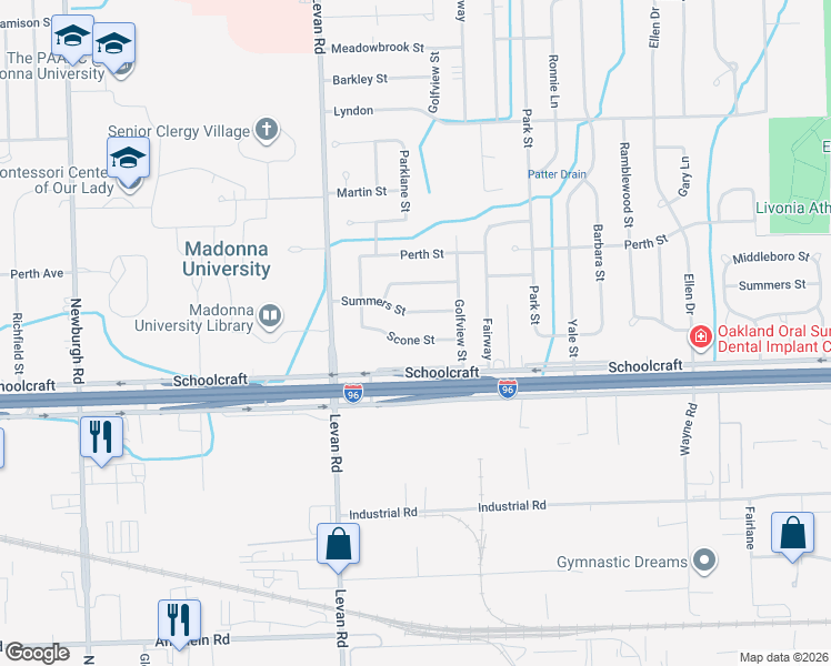 map of restaurants, bars, coffee shops, grocery stores, and more near 35984 Scone Street in Livonia