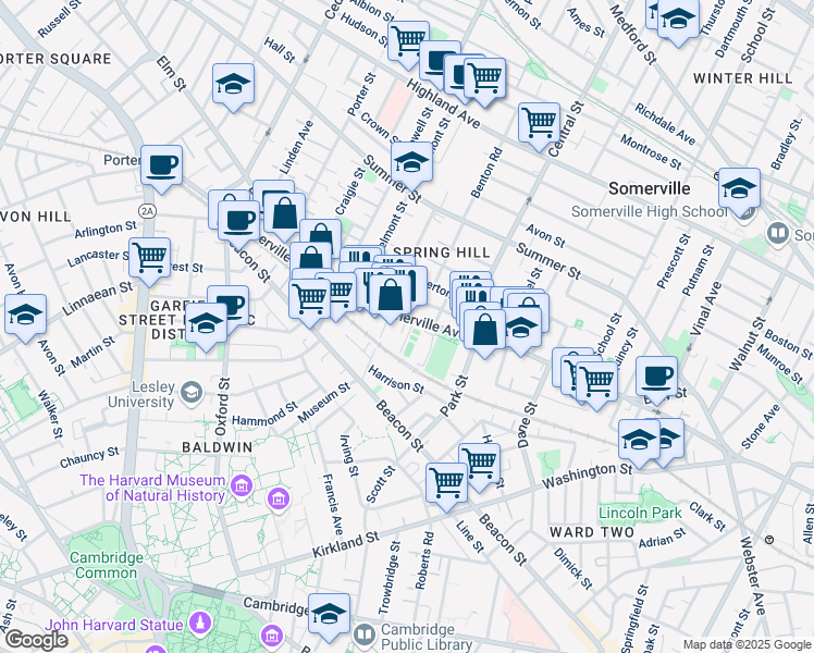 map of restaurants, bars, coffee shops, grocery stores, and more near 593 Somerville Avenue in Somerville