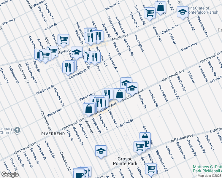 map of restaurants, bars, coffee shops, grocery stores, and more near 1300 Beaconsfield Avenue in Grosse Pointe Park
