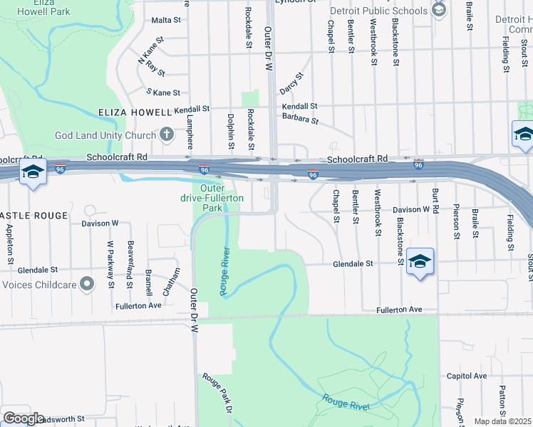 map of restaurants, bars, coffee shops, grocery stores, and more near 12531 Outer Drive West in Detroit