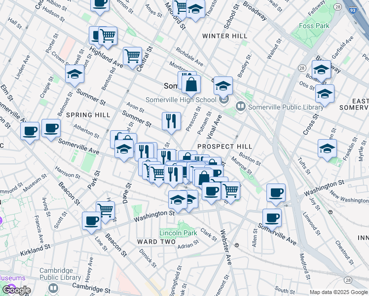 map of restaurants, bars, coffee shops, grocery stores, and more near 59 Summer Street in Somerville