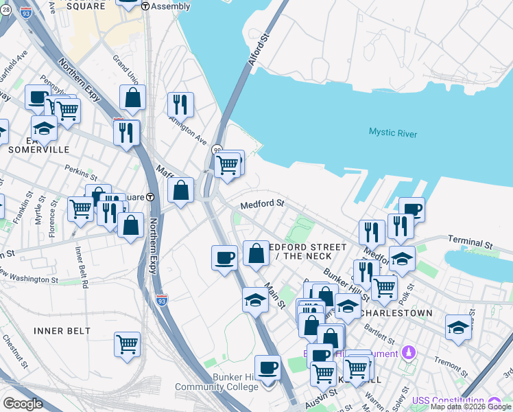 map of restaurants, bars, coffee shops, grocery stores, and more near 523 Medford Street in Boston