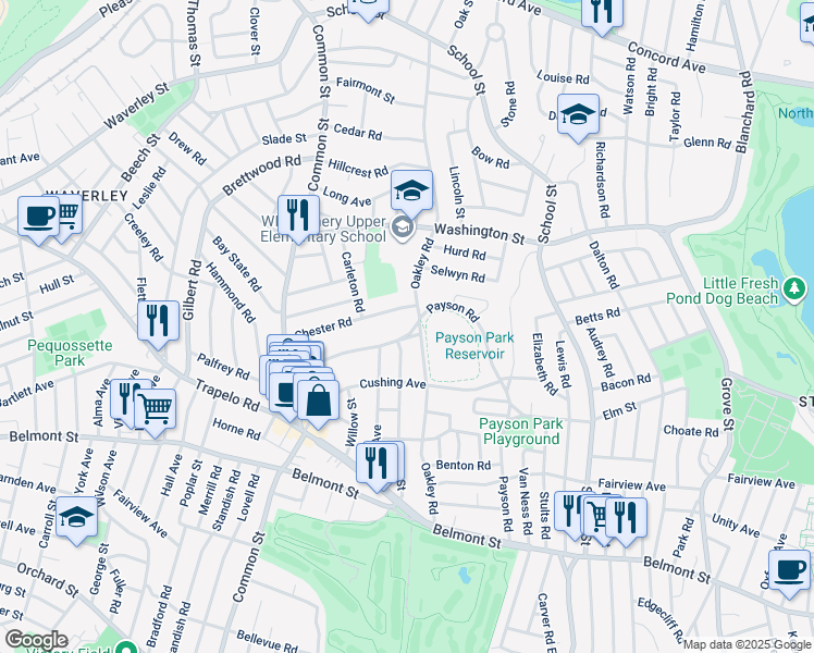 map of restaurants, bars, coffee shops, grocery stores, and more near 102 Payson Road in Belmont