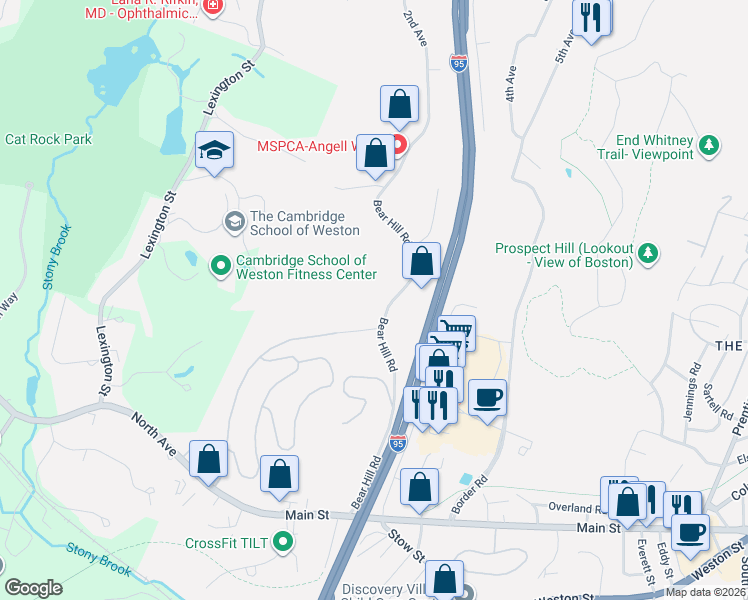map of restaurants, bars, coffee shops, grocery stores, and more near 210 Bear Hill Road in Waltham
