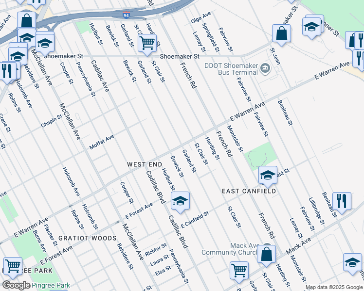 map of restaurants, bars, coffee shops, grocery stores, and more near 7016 East Warren Avenue in Detroit