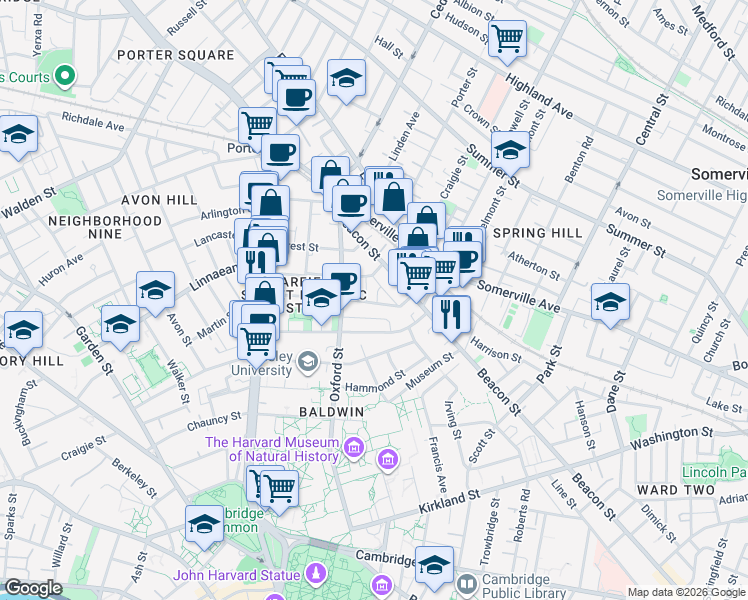 map of restaurants, bars, coffee shops, grocery stores, and more near 14 Traymore Street in Cambridge