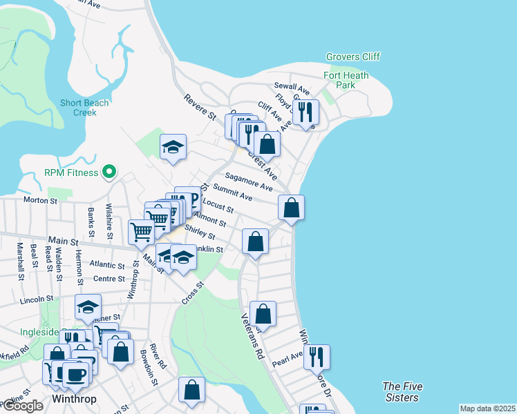 map of restaurants, bars, coffee shops, grocery stores, and more near 69 Summit Avenue in Winthrop