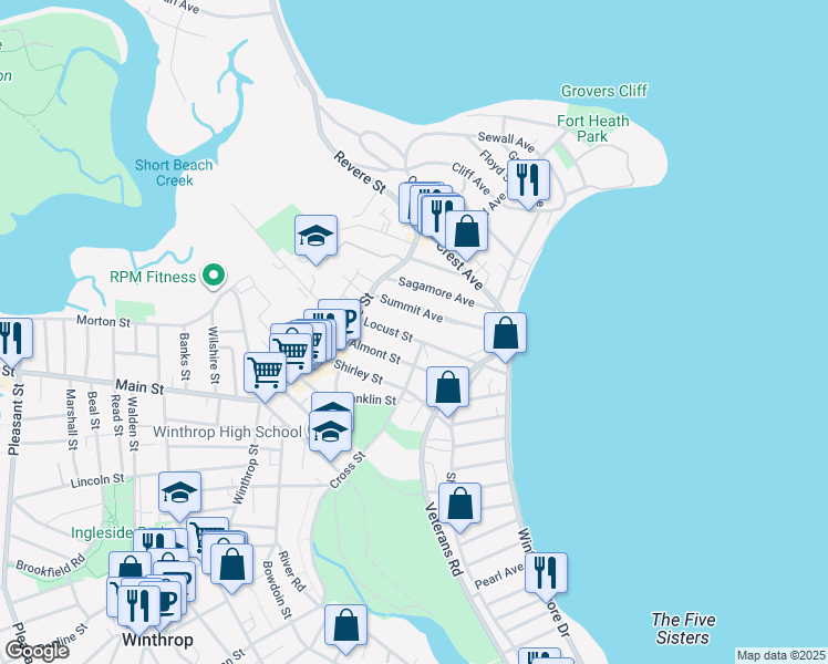 map of restaurants, bars, coffee shops, grocery stores, and more near 46 Locust Street in Winthrop
