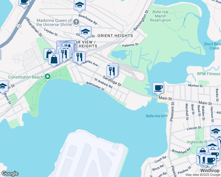 map of restaurants, bars, coffee shops, grocery stores, and more near 98 Saint Andrew Road in Boston