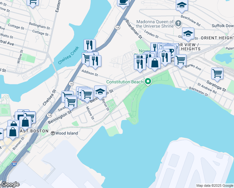 map of restaurants, bars, coffee shops, grocery stores, and more near 669 Massachusetts 145 in Boston