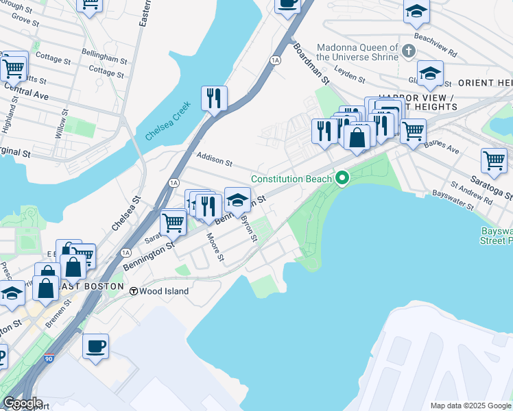 map of restaurants, bars, coffee shops, grocery stores, and more near 669 Massachusetts 145 in Boston