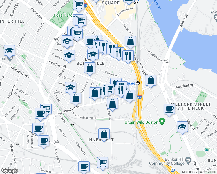 map of restaurants, bars, coffee shops, grocery stores, and more near in Somerville