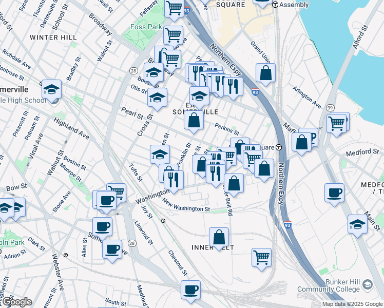 map of restaurants, bars, coffee shops, grocery stores, and more near 65 Myrtle Street in Somerville