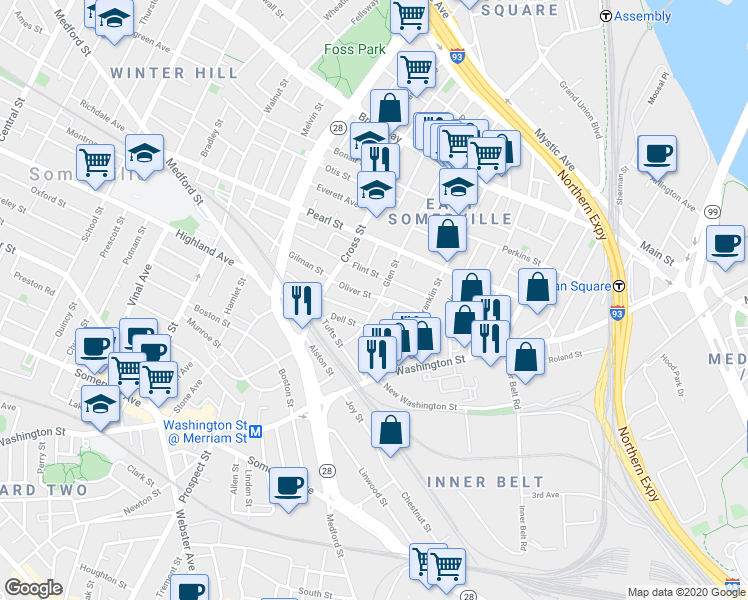 map of restaurants, bars, coffee shops, grocery stores, and more near 28 Flint Street in Somerville