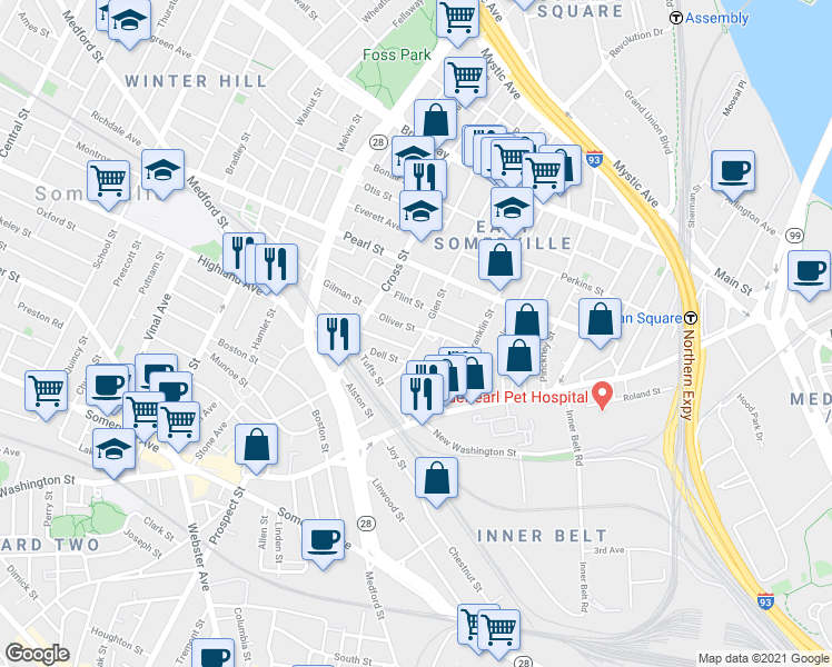 map of restaurants, bars, coffee shops, grocery stores, and more near 47 Oliver Street in Somerville
