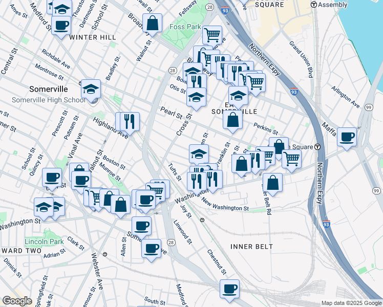 map of restaurants, bars, coffee shops, grocery stores, and more near 47 Oliver Street in Somerville