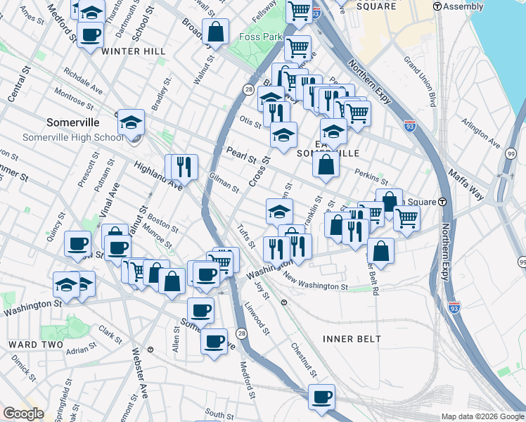 map of restaurants, bars, coffee shops, grocery stores, and more near 47 Oliver Street in Somerville