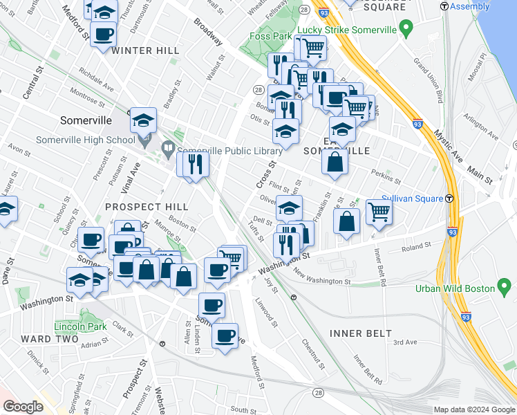 map of restaurants, bars, coffee shops, grocery stores, and more near 115 Cross Street in Somerville