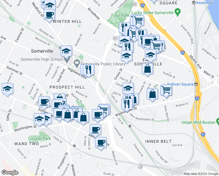 map of restaurants, bars, coffee shops, grocery stores, and more near 115 Cross Street in Somerville