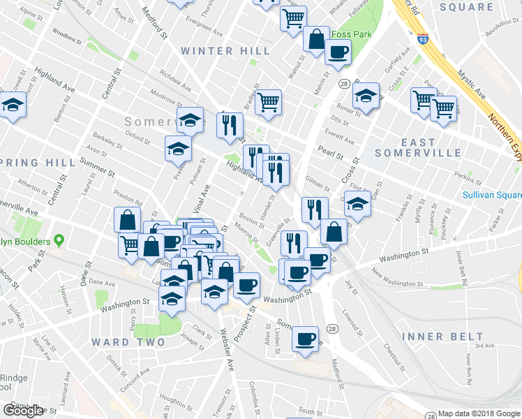 map of restaurants, bars, coffee shops, grocery stores, and more near 22 Thorpe Street in Somerville