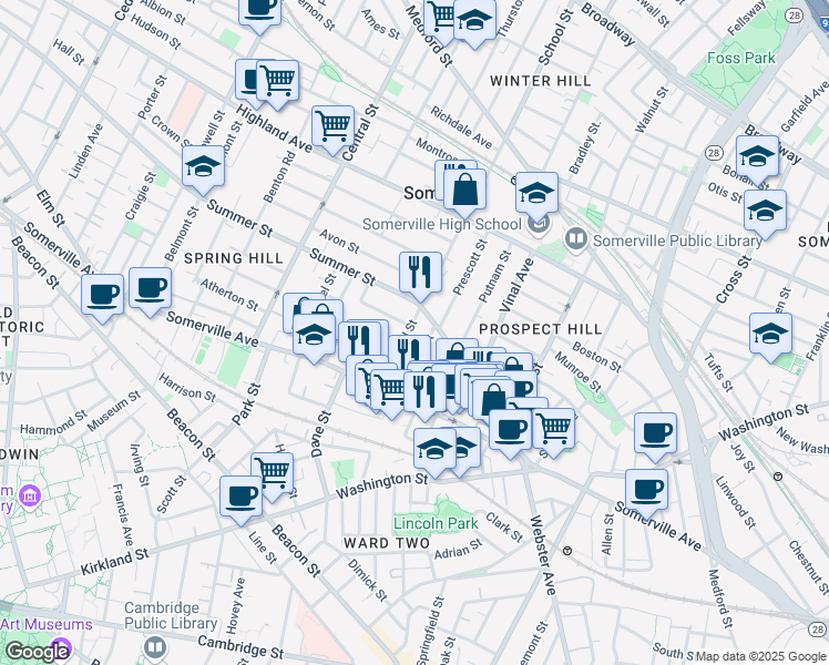 map of restaurants, bars, coffee shops, grocery stores, and more near 59 Summer Street in Somerville