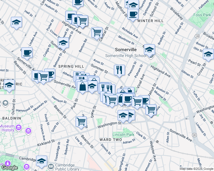 map of restaurants, bars, coffee shops, grocery stores, and more near 27 Osgood Street in Somerville