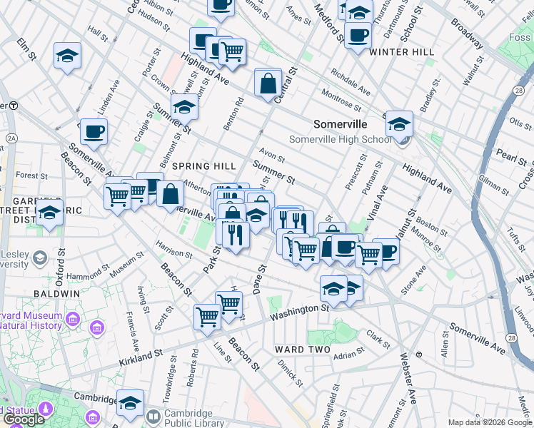 map of restaurants, bars, coffee shops, grocery stores, and more near 25 Laurel Street in Somerville