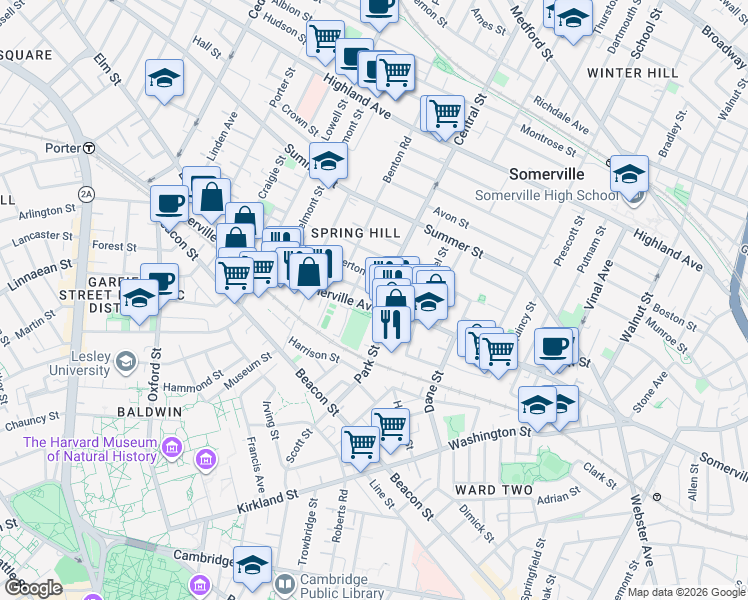 map of restaurants, bars, coffee shops, grocery stores, and more near in Somerville