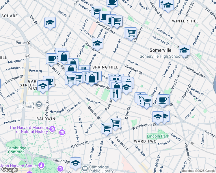 map of restaurants, bars, coffee shops, grocery stores, and more near in Somerville