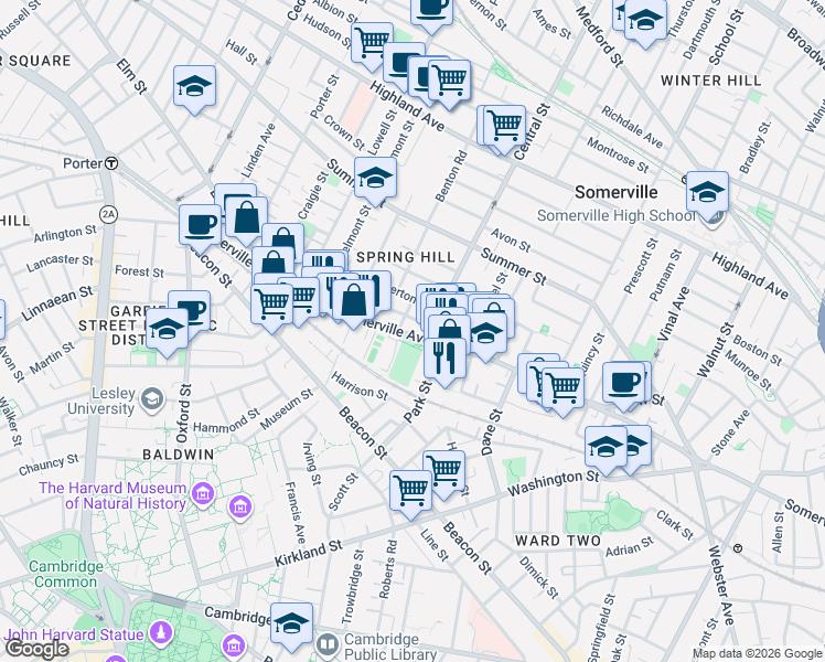 map of restaurants, bars, coffee shops, grocery stores, and more near in Somerville