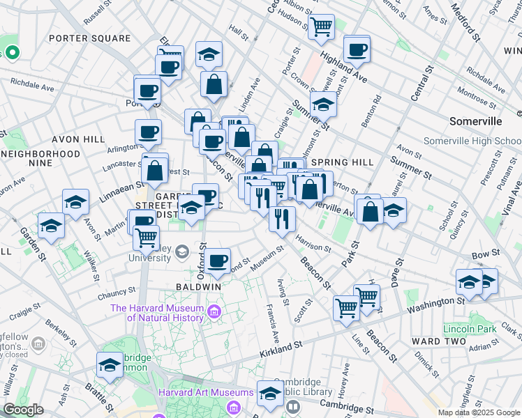 map of restaurants, bars, coffee shops, grocery stores, and more near 275 Beacon Street in Somerville