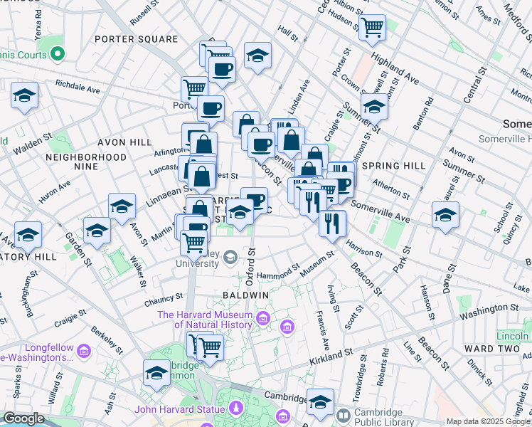 map of restaurants, bars, coffee shops, grocery stores, and more near 14 Traymore Street in Cambridge
