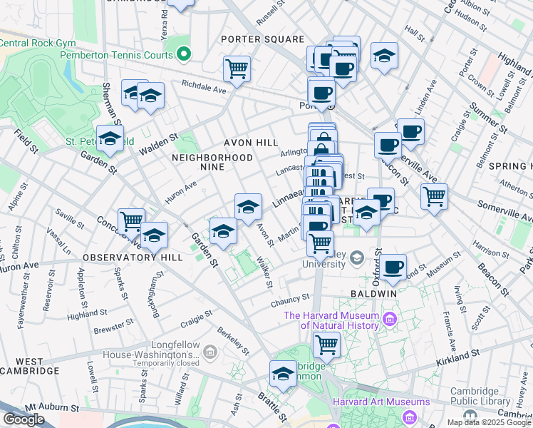 map of restaurants, bars, coffee shops, grocery stores, and more near 5 Washington Avenue in Cambridge