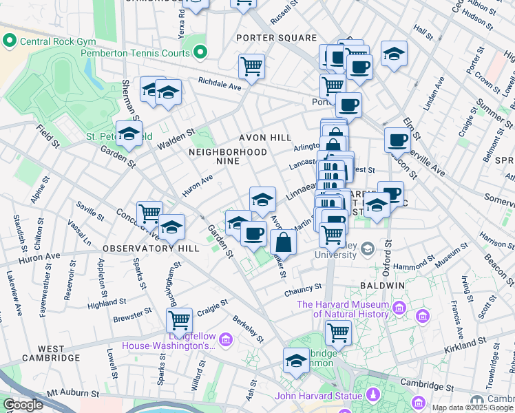 map of restaurants, bars, coffee shops, grocery stores, and more near 14 Avon Place in Cambridge