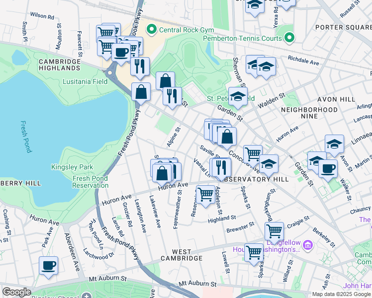 map of restaurants, bars, coffee shops, grocery stores, and more near 95 Chilton Street in Cambridge