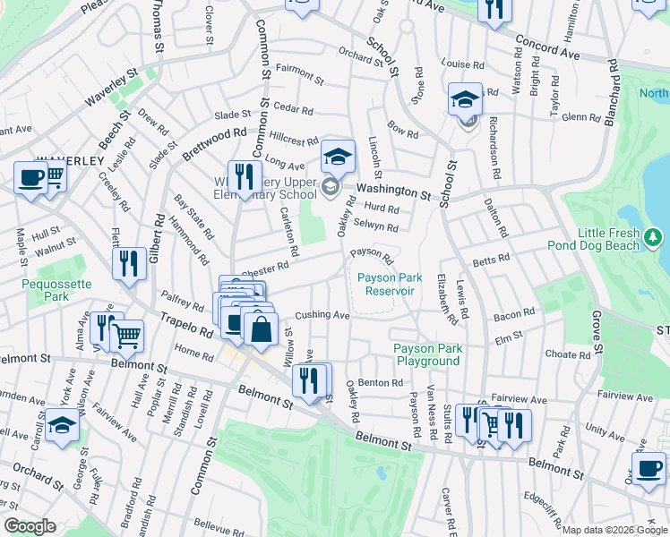 map of restaurants, bars, coffee shops, grocery stores, and more near 148 Oakley Road in Belmont