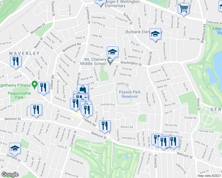 map of restaurants, bars, coffee shops, grocery stores, and more near 148 Oakley Road in Belmont
