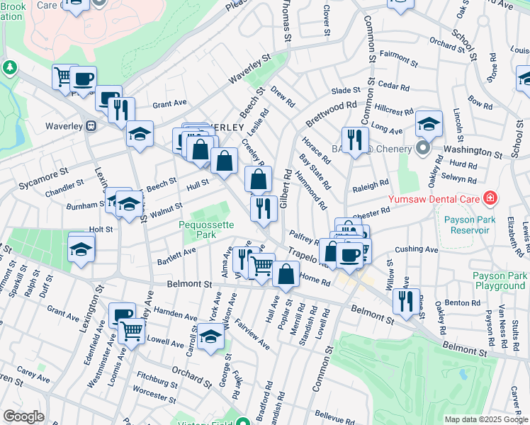 map of restaurants, bars, coffee shops, grocery stores, and more near 280 Trapelo Road in Belmont