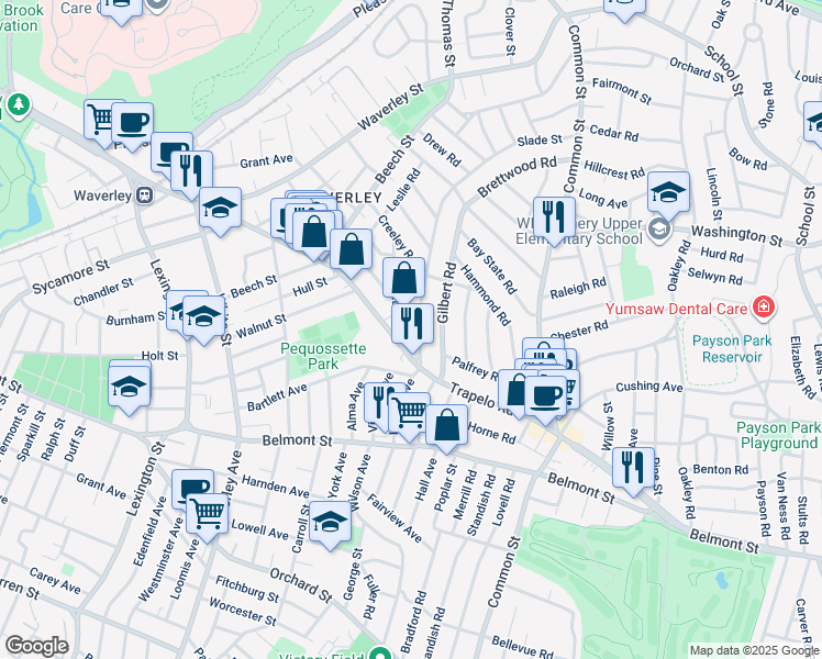map of restaurants, bars, coffee shops, grocery stores, and more near 280 Trapelo Road in Belmont