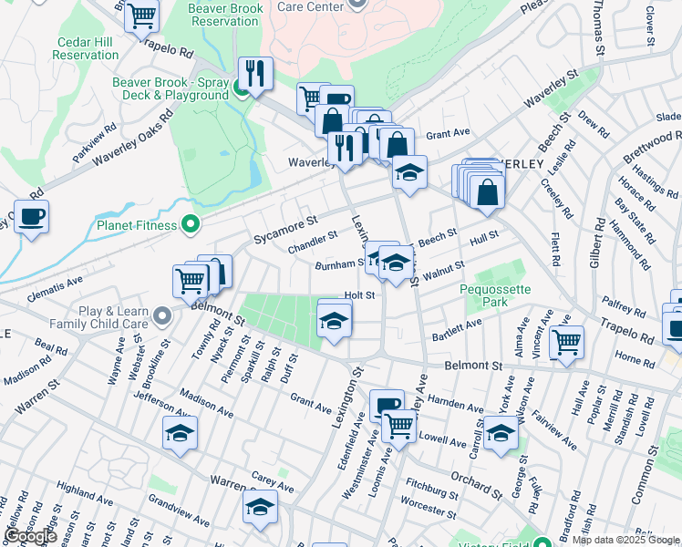 map of restaurants, bars, coffee shops, grocery stores, and more near 43 Burnham Street in Belmont