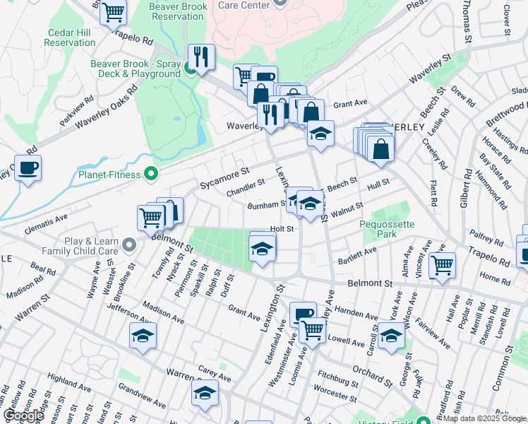 map of restaurants, bars, coffee shops, grocery stores, and more near 43 Burnham Street in Belmont