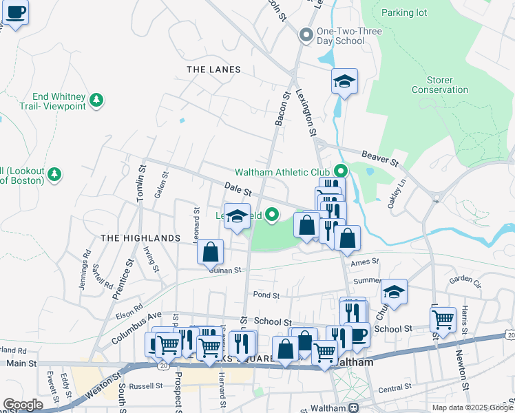 map of restaurants, bars, coffee shops, grocery stores, and more near 85 Dale Street in Waltham