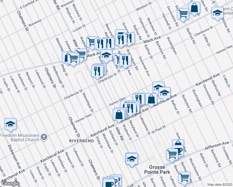 map of restaurants, bars, coffee shops, grocery stores, and more near 1324 Maryland Street in Grosse Pointe Park