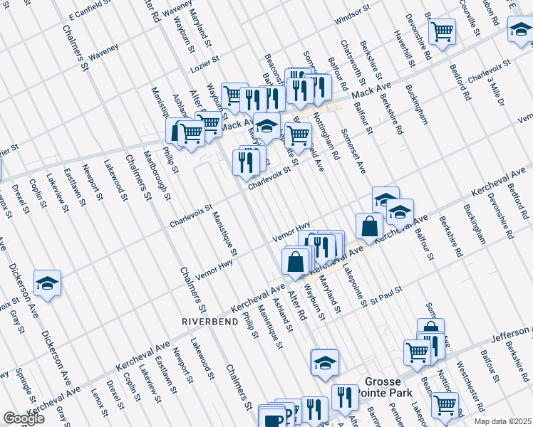 map of restaurants, bars, coffee shops, grocery stores, and more near 1352 Wayburn Street in Grosse Pointe