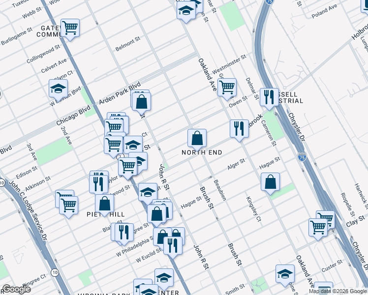 map of restaurants, bars, coffee shops, grocery stores, and more near 329 Josephine Street in Detroit