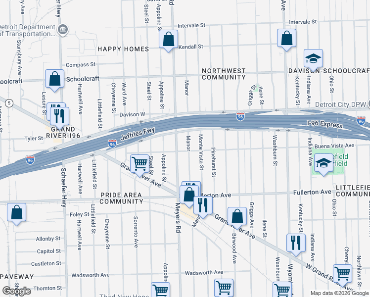 map of restaurants, bars, coffee shops, grocery stores, and more near 13135 Manor in Detroit