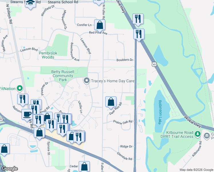 map of restaurants, bars, coffee shops, grocery stores, and more near 35905 North Fuller Road in Gurnee