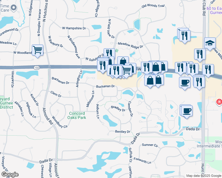 map of restaurants, bars, coffee shops, grocery stores, and more near 7041 Buchanan Drive in Gurnee