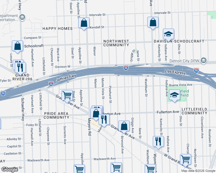 map of restaurants, bars, coffee shops, grocery stores, and more near 13134 Monte Vista Street in Detroit